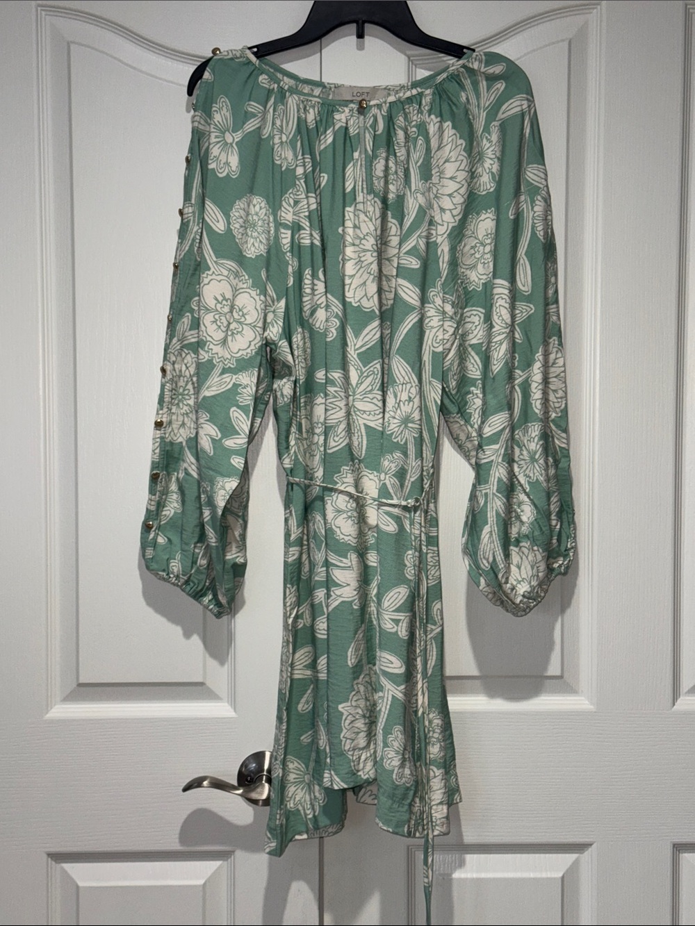 LOFT Sage Green & White Floral Balloon Sleeve Mini Dress - Size XL
